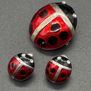 Vintage 3‎ piece MJ Lady Bug  Beetle Scarab Brooch and Earrings Pin
